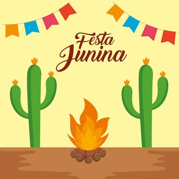 Banner de fiesta con planta de cactus y fuego de leña
