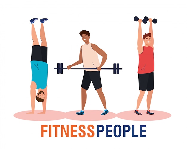 Banner fitness personas, hombres jóvenes haciendo ejercicios, ejercicio de recreación deportiva