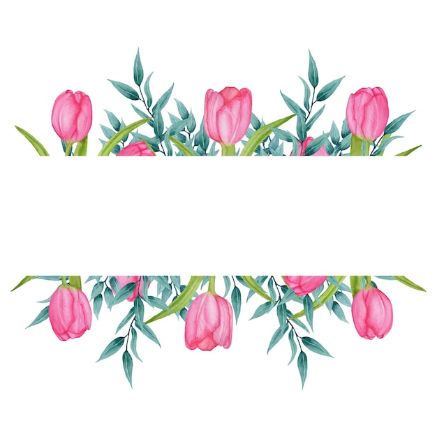 Banner floral acuarela con tulipanes rosas y ramas de eucalipto.