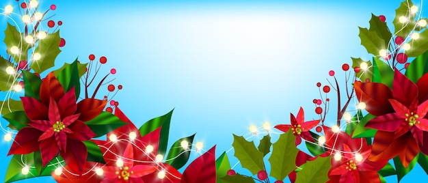 Banner floral de invierno de Navidad con hojas de poinsettia, acebo, frutos rojos ilustración de Navidad de vacaciones.