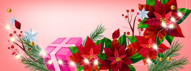 Banner floral de invierno de vacaciones de Navidad con poinsettia rojo, caja de regalo, ramas de abeto, luces