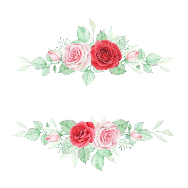 Banner de flores acuarela con rosa roja y rosa