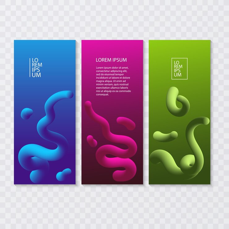 Vector banner fluido abstracto gradiente de salpicaduras de color de flujo de forma suavemente líquida y coloridos carteles verticales