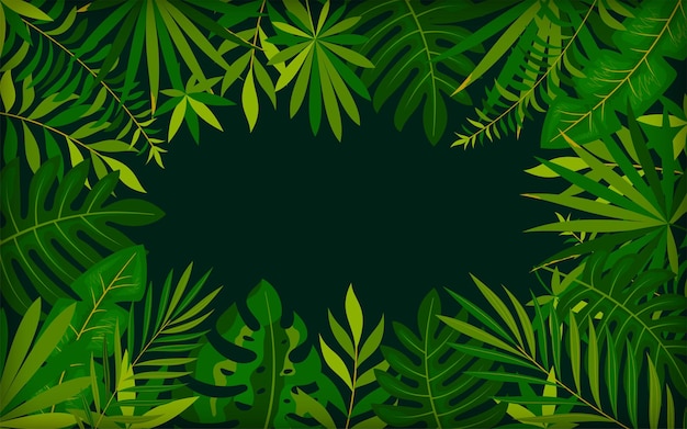 Banner de follaje de palma oscura tropical estilo plano verde