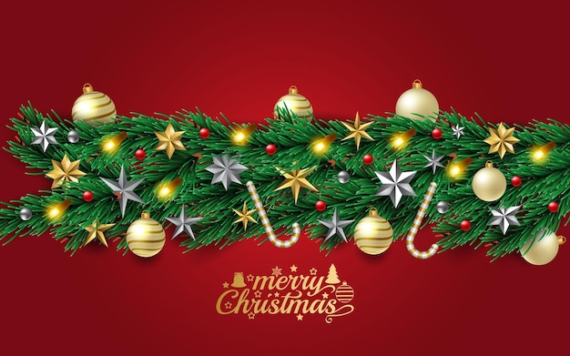 Banner de fondo 3d de lujo dorado Feliz Navidad feliz natal con adorno de guirnalda de ramas de pino