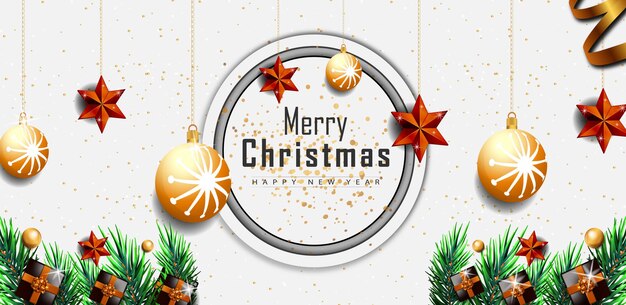 Banner de fondo blanco de feliz navidad con elementos de decoración realistas dorados vector