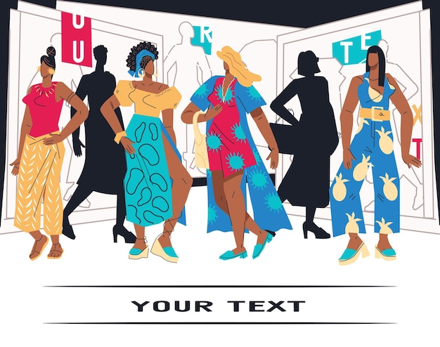 Banner de fondo para compras de moda y descuentos durante las ventas banner con personajes femeninos comprando y caminando frente a las ventanas de las tiendas ilustración vectorial plana aislada en fondo blanco