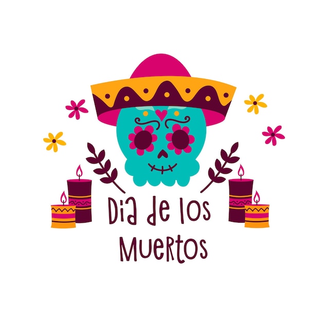 Banner de fondo con elementos de la cultura mexicana, velas de calavera y letras dia de los muertos