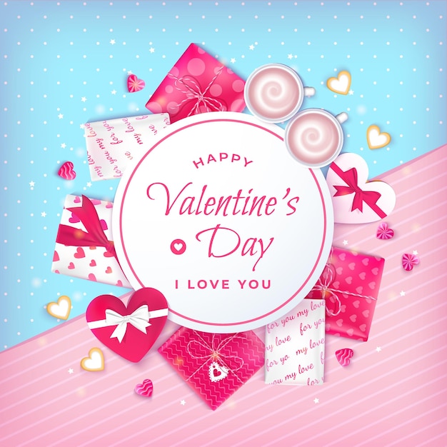 Banner de fondo de etiqueta de tarjeta de cartel de feliz día de San Valentín en marco circular con tazas de cajas de regalos