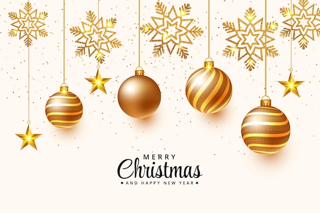 Vector banner de fondo de feliz navidad de lujo con bolas de navidad doradas y decoración de copos de nieve