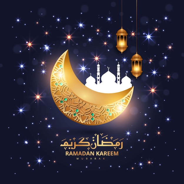 banner de fondo islámico de linterna ramadan kareem con mezquita isra miraj y estrellas brillantes