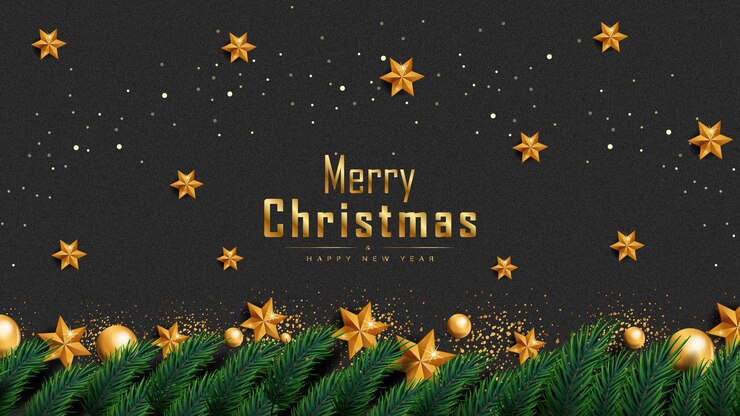 Banner de fondo negro de feliz Navidad con elementos navideños realistas Vector Premium