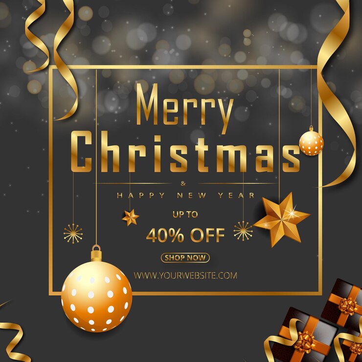 Banner de fondo negro Feliz Navidad Oferta promoción con elementos navideños realistas Premium