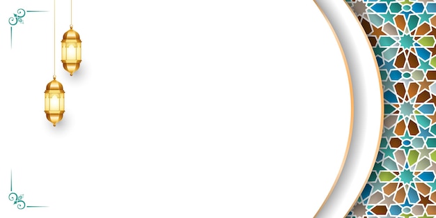 banner de fondo de patrón islámico de lujo ramadan kareem ramazan eid al fitr con linterna 3d