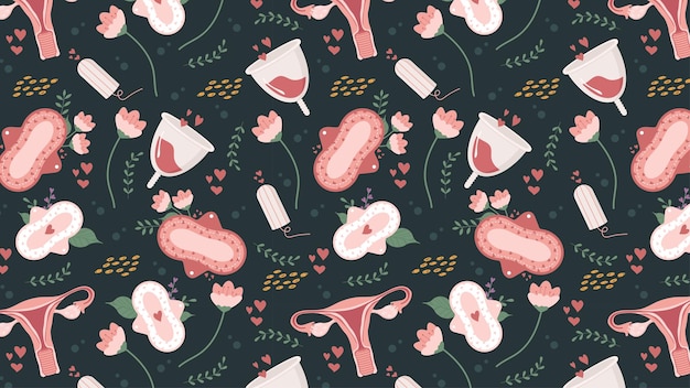 Banner de fondo de patrón temático de menstruación sin costuras con copas de útero y almohadillas de higiene femenina