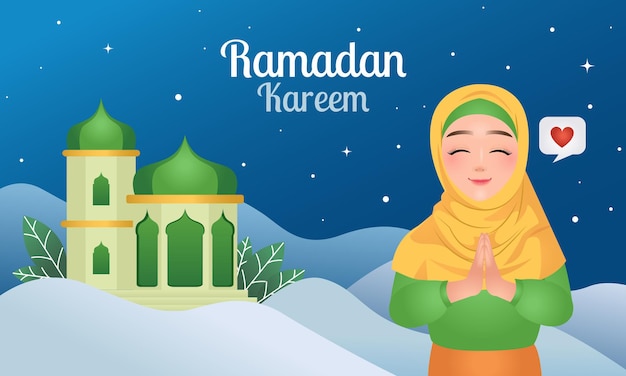 Banner de fondo de ramadán kareem mujer bonita hijab sonriendo en pose de saludo