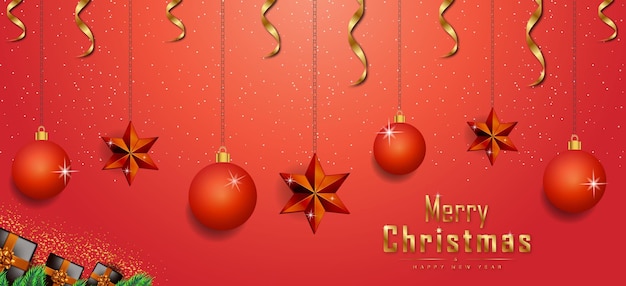 Banner de fondo rojo de feliz navidad con elementos de decoración realistas dorados vector premium