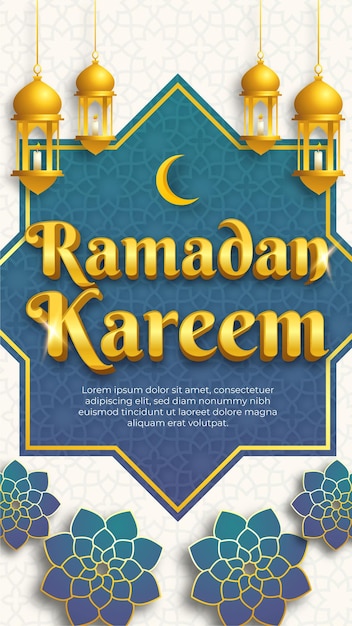 Banner de fondo de tarjeta de felicitación de ramadan kareem de estilo islámico de oro azul y temperatura de historia de redes sociales