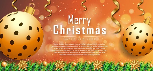 Banner de fondo de texto de deseo de feliz Navidad con elementos navideños realistas Vector Premium