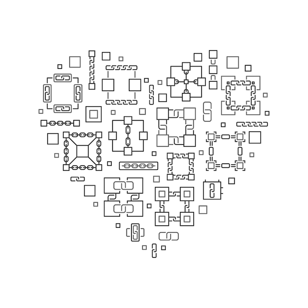Banner de forma de corazón de vector de línea Blockchain o BlockChain