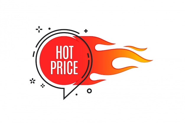 Banner de fuego de promoción lineal plana, etiqueta de precio, venta caliente, oferta