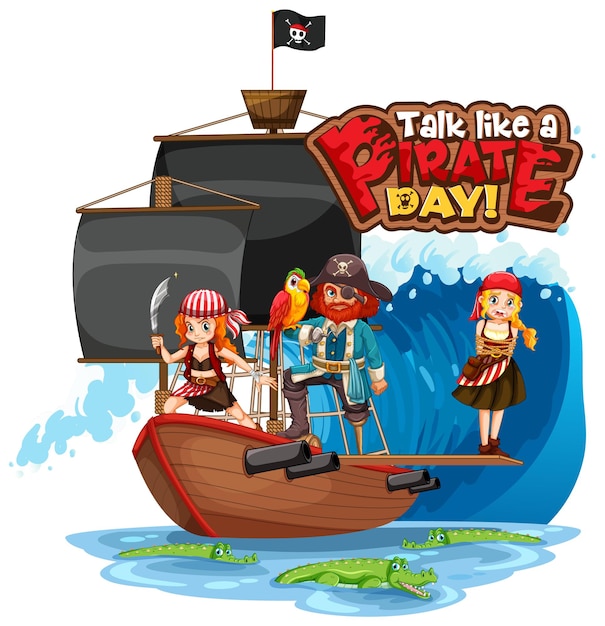 Vector banner de fuente talk like a pirate day con personaje de dibujos animados pirate