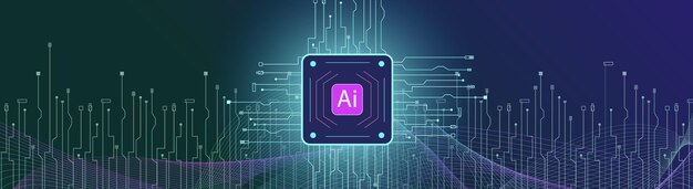 Banner futurista con procesador de IA con líneas de circuito y acentos brillantes para el tema digital