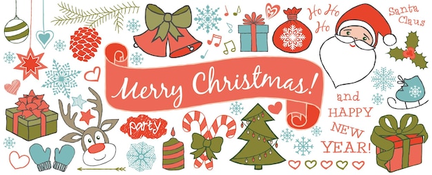 Banner de garabatos de Navidad aislado sobre fondo blanco.