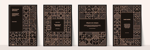 Banner de geometría conjunto línea dorada estilo bauhaus mínimo de los años 20 con figuras y formas círculo triángulo cuadrado Psicología humana y salud mental concepto ilustración Vector 10 eps