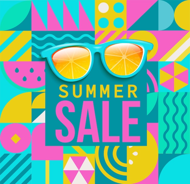 Banner geométrico de venta de verano con formas y figuras de geometría simple diseño de carteles y volantes para portada