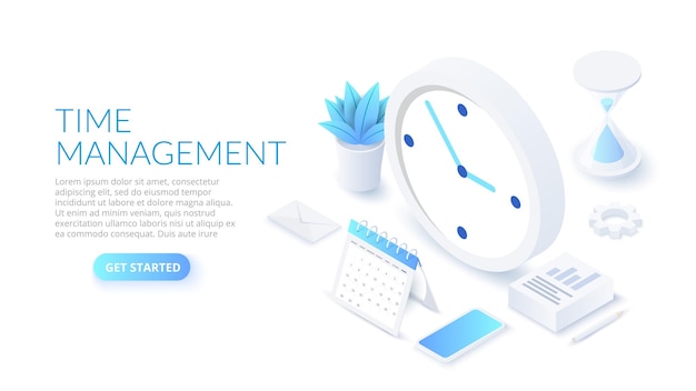 Banner de gestión de tiempo isométrico con carácter y lugar de texto Concepto de optimización del horario de trabajo