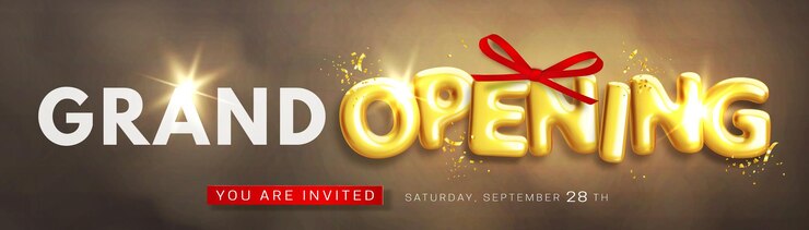 Vector banner de gran apertura con texto 3d brillante y realista
