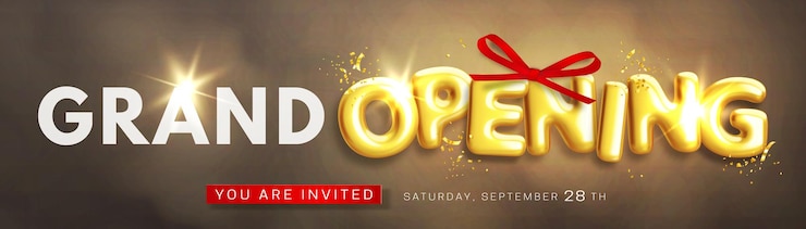 Vector banner de gran apertura con texto 3d brillante y realista
