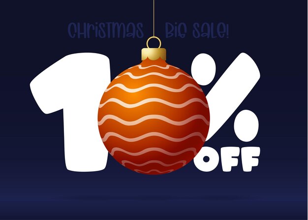 Banner de gran venta de feliz navidad. Venta de Navidad 10 por ciento de descuento en plantilla de banner con bola decorada colgando de un hilo. Feliz año nuevo y Navidad ilustración vectorial