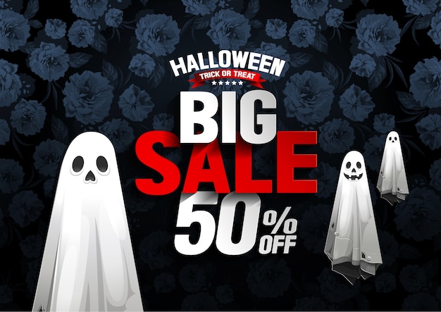 Banner de gran venta de Halloween con fantasma sobre fondo de flores