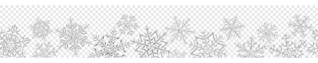 Banner de grandes copos de nieve de Navidad translúcidos complejos en colores grises, aislado sobre fondo transparente. Con repetición horizontal perfecta. Transparencia solo en formato vectorial