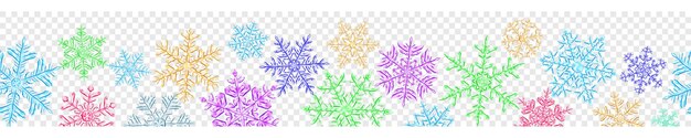 Banner de grandes copos de nieve de Navidad translúcidos complejos en varios colores, aislado sobre fondo transparente. Con repetición horizontal perfecta. Transparencia solo en formato vectorial