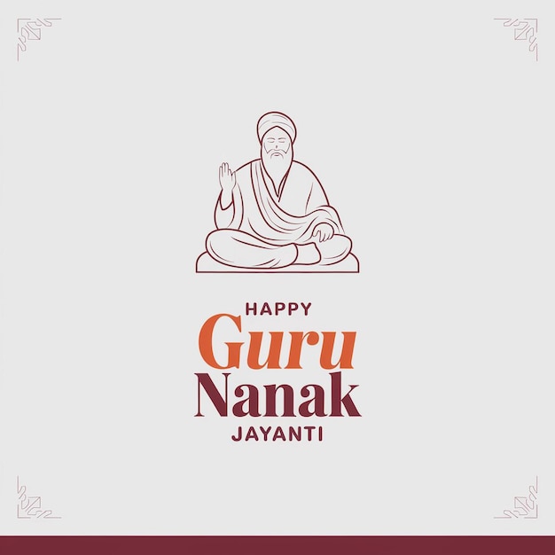 Banner de Guru Nanak Jayanti con Guru Nanak Dev Ji y los íconos tradicionales