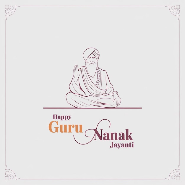 Banner de Guru Nanak Jayanti con Guru Nanak Dev Ji y los íconos tradicionales