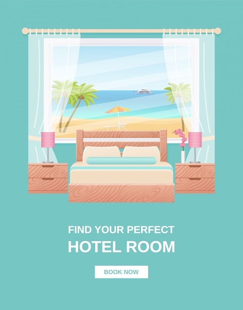 Banner de habitación de hotel, folleto de plantilla, interior de dormitorio con póster,