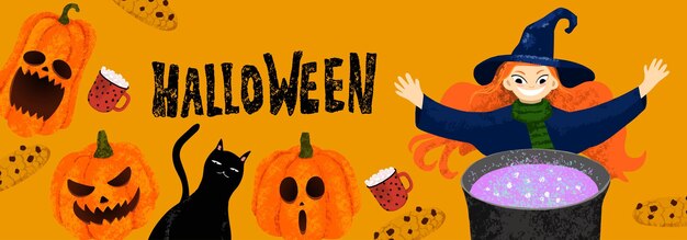 Banner para Halloween con bruja cocinando la poción en el caldero. Calabaza tallada, gato negro