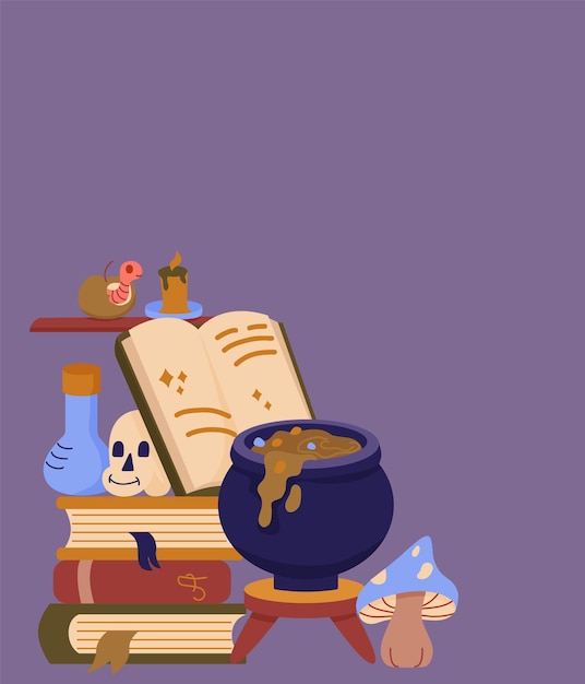 Banner de Halloween con gato caldero burbujeante el libro de hechizos búho y vela