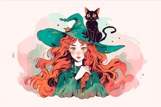 Banner de Halloween con ilustración de bruja y gato negro