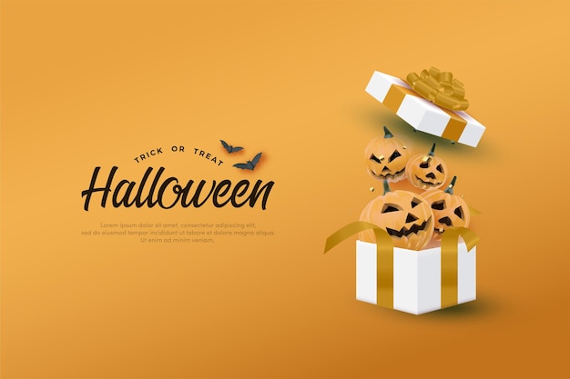 Vector banner de halloween con ilustración de calabaza en una caja de regalo