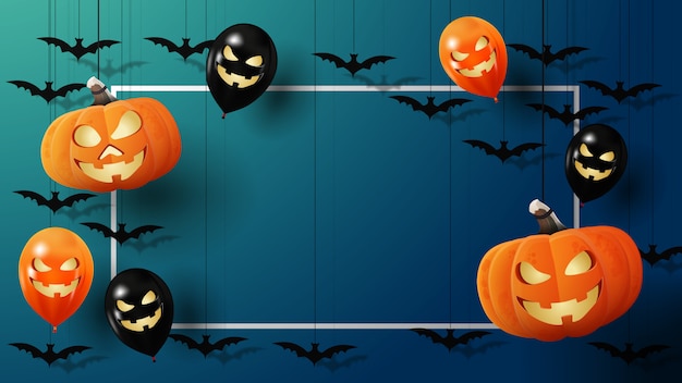 Vector banner de halloween con marco para su texto, murciélagos, calabazas y globos