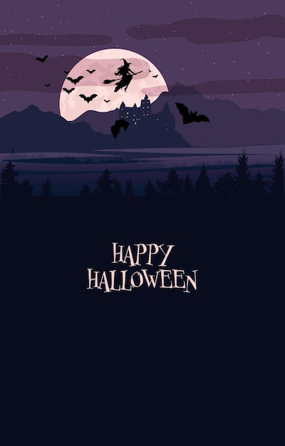 Vector banner de halloween, plantilla, tarjeta de felicitación. bruja voladora, siluetas de murciélagos, luna llena, castillo