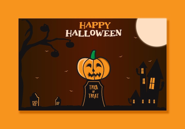 Banner de halloween de vector premium con tumba de casa y calabaza