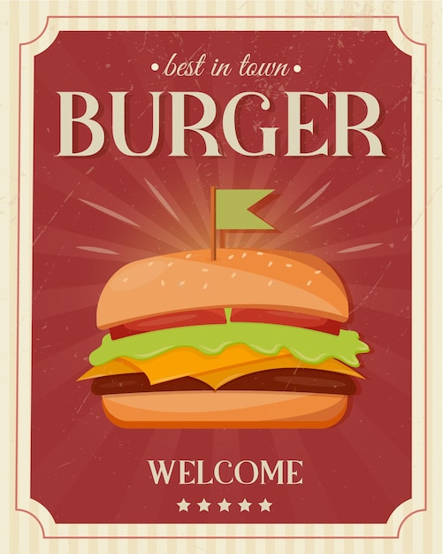 Vector banner con hamburguesa fresca sobre fondo vintage letrero de estilo retro gráficos vectoriales