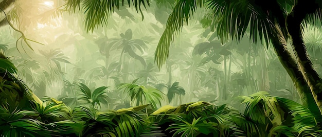 Banner hermoso paisaje de selva tropical con exuberante follaje en colores verdes ilustración vectorial