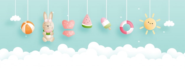 Banner de horario de verano con lindo conejo y colección de verano.
